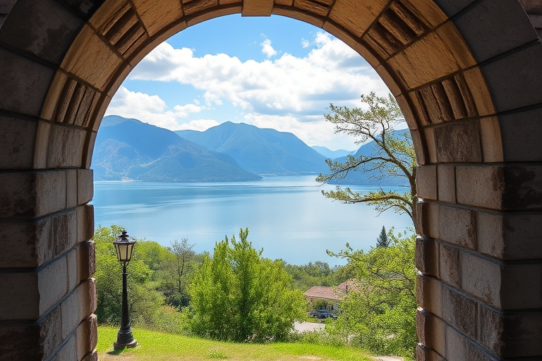 A scenic view through a stone archway overlooking a tranquil lake with mountains in the background, captured with a Canon EOS R5, 24mm f/1.4 lens, aperture set to f/8, ISO 100, shutter speed 1/250 sec, natural lighting, wide-angle perspective.