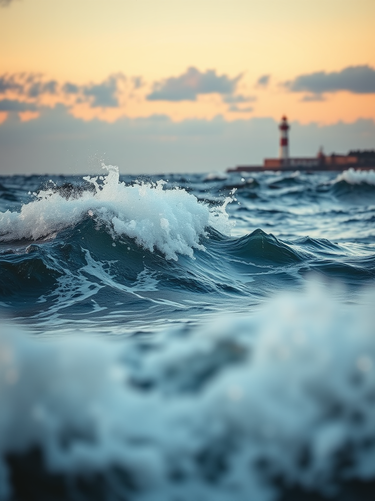 capture a dramatic seascape at dusk with turbulent waves and a distant lighthouse, soft focus, ISO 200, f/8, 1/125s, 35mm lens, DSLR camera, wide-angle view, golden hour lighting