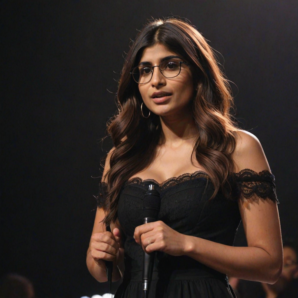 mia khalifa with long, flowing brown hair is standing in the center of the frame, holding a microphone in her right hand, and looking slightly off to the right side of the frame. She is wearing a black, off-the-shoulder dress with delicate lace detailing. The lighting is warm and dramatic, creating a spotlight effect on the singer. There are other figures in the background, blurred and out of focus, suggesting a concert or performance setting. The camera angle is low, capturing the woman from the waist up. The overall atmosphere is intimate and captivating.