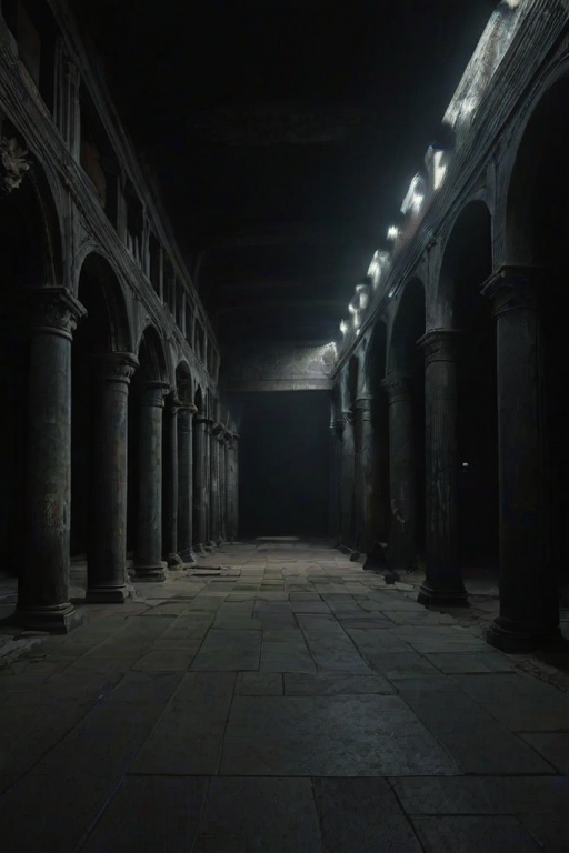 a dark underground space with majestic architecture