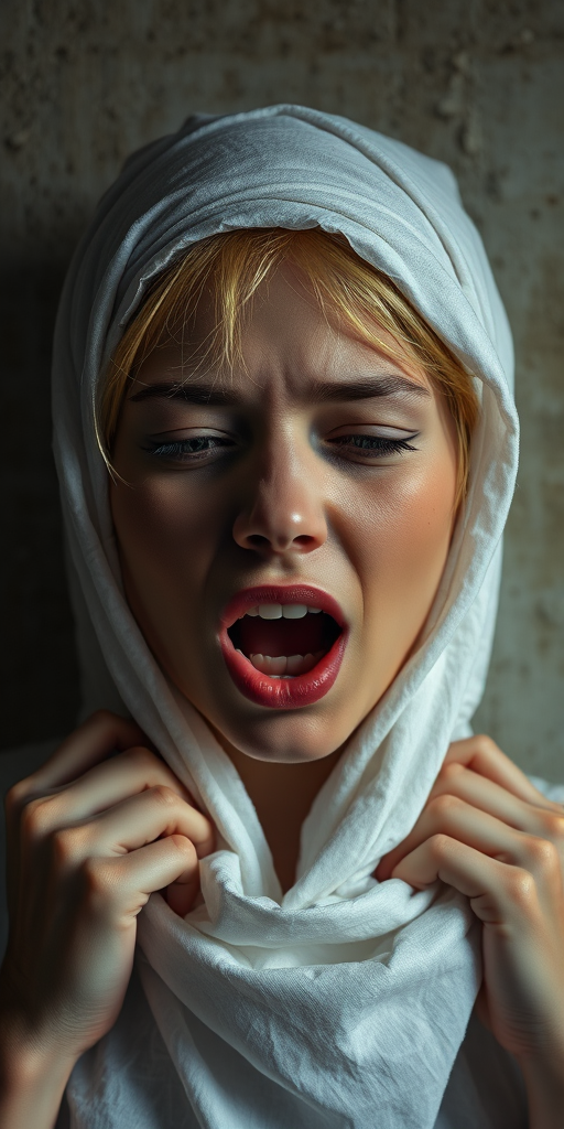 Create a close-up photographic image of a Eurasian woman with light skin tones shown against an old, worn wall. Their head is wrapped in a white cloth covering (i.e.... parts of the head except the nose and mouth, which are open as if they are screaming...), with a slight texture and visible folds in the fabric. Thin strands of blonde hair escape from the wrapping above, falling lightly at the top and sides. Their hands hold the fabric as if they are tugging nervously. The lighting is dramatic and even, casting strong shadows. The image has a minimalist and surreal style with an emphasis on simplicity with soft color tones. The composition is centered.