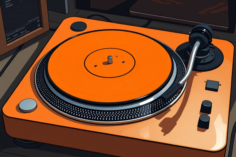 Create a high-resolution illustration of a vintage turntable with an orange platter, using a DSLR camera with a 50mm lens, f/1.8 aperture, ISO 100, and a studio lighting setup to enhance details and textures.