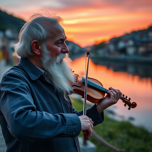 An older man with a long white beard playing a violin near a serene riverside village at sunset, vibrant colors reflecting in the water, captured with a DSLR camera, aperture f/2.8, ISO 200, 50mm lens, with a soft focus background for depth effect.