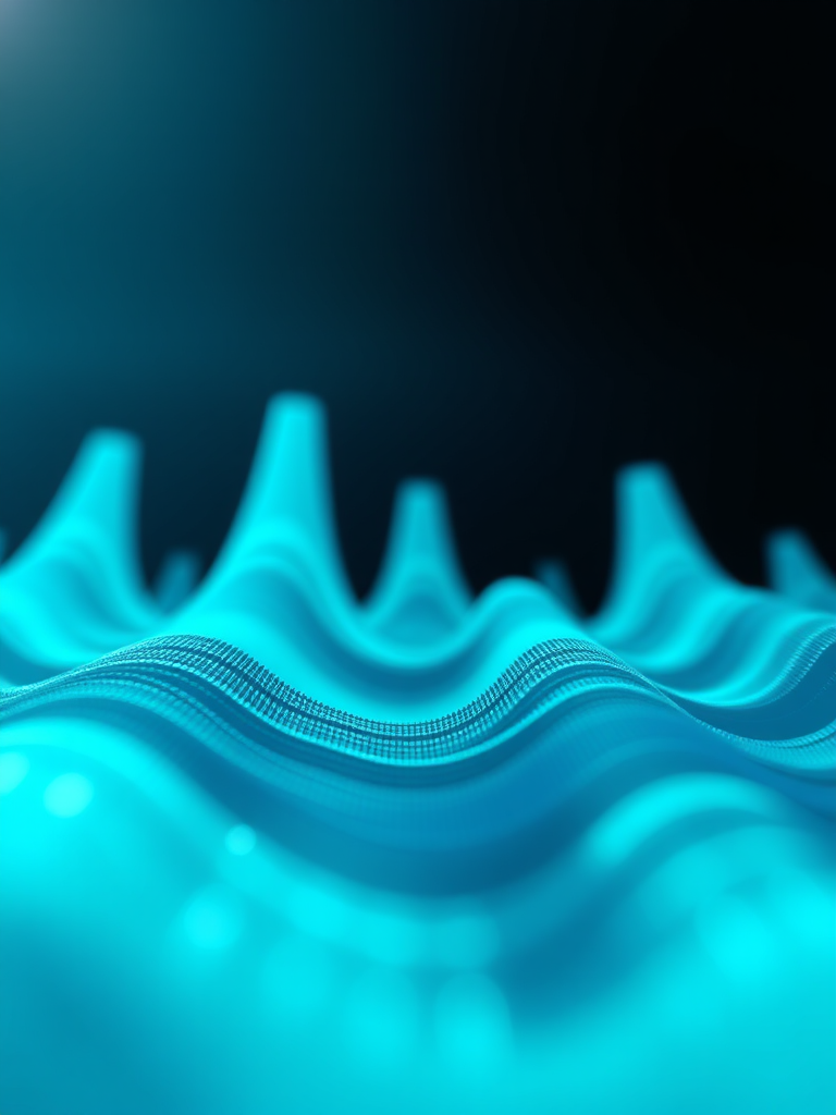 abstract digital sound waves representation with vibrant turquoise colors, low angle view, macro lens, 50mm f/1.8, ISO 100, shutter speed 1/200s, soft-focus background, high dynamic range imaging, 4K resolution
