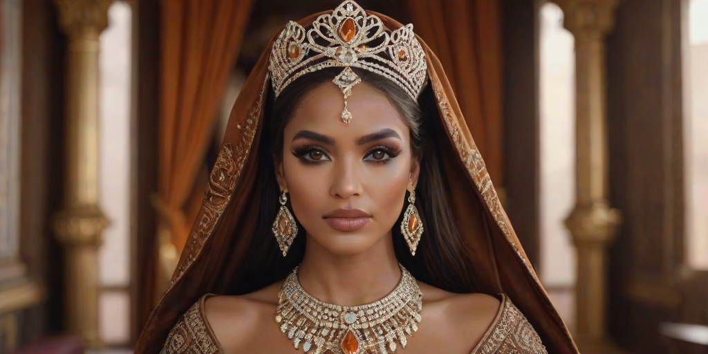 A gorgeous Tuareg woman in a luxurious brown gown, accessorized with a dazzling tiara and statement earrings, her deep orange eyes highlighted by impeccable makeup, poised in a royal setting, photorealistic, 8K quality
