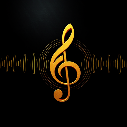 Create a high-resolution image of a golden music treble clef symbol surrounded by soundwave patterns on a dark background, using a 50mm lens, aperture f/1.8, ISO 100, shot in a studio with controlled lighting.