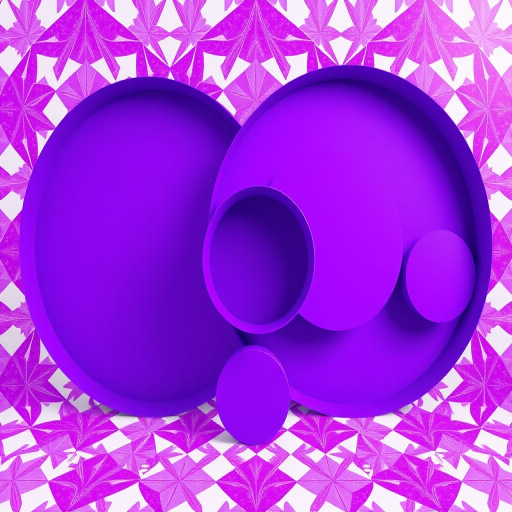 Create an abstract image featuring large purple shapes and circles set against a vibrant backdrop of purple and white geometric patterns, captured with a DSLR camera at f/8, ISO 200, 1/60s, using a wide-angle lens for an expansive view and enhanced detail.