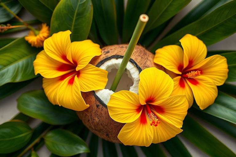 Create a vibrant tropical still life featuring a coconut with a straw, surrounded by yellow hibiscus flowers and green leaves, using a DSLR camera with a 50mm lens, f/1.8 aperture, ISO 100, 1/100s shutter speed, top-down view, high dynamic range imaging for enhanced color saturation and contrast.