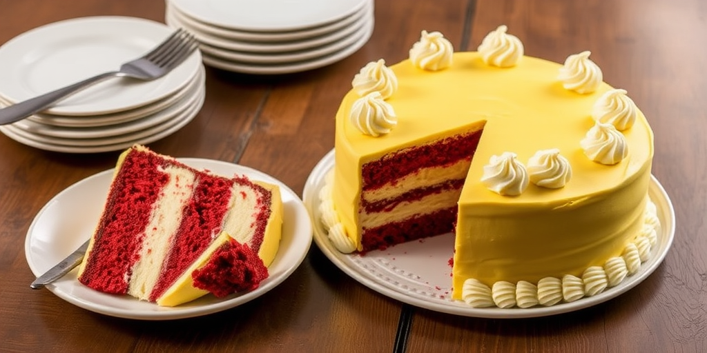 A beautifully decorated round cake with a yellow frosting and white chocolate curls on the sides sitting on a white plate with a slice cut out revealing layers of red velvet cake and creamy filling next to a fork and several stacked plates on a wooden table.