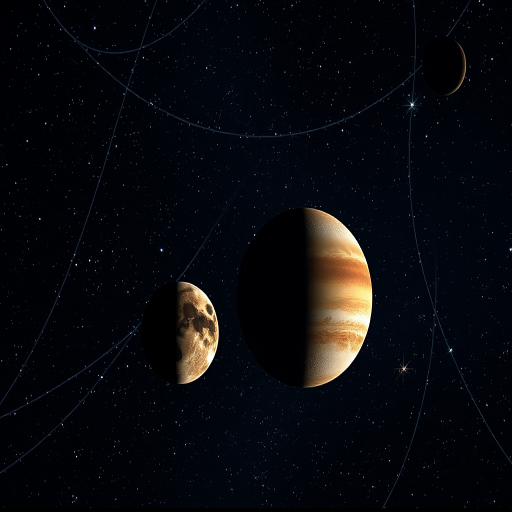 Generate a high-resolution cosmic scene featuring three planets in a starry background with scientific diagrams overlay, use a Canon EOS R5 camera, 24mm lens, f/8 aperture, ISO 100, and a long exposure of 30 seconds to capture details and enhance luminosity.