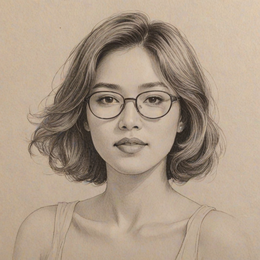 Delightful Ellen Wong, pencil sketch, portrait of Alluring woman 1975s in glasses, hair style beatnik, outline, clear lines, fine lines, 8k