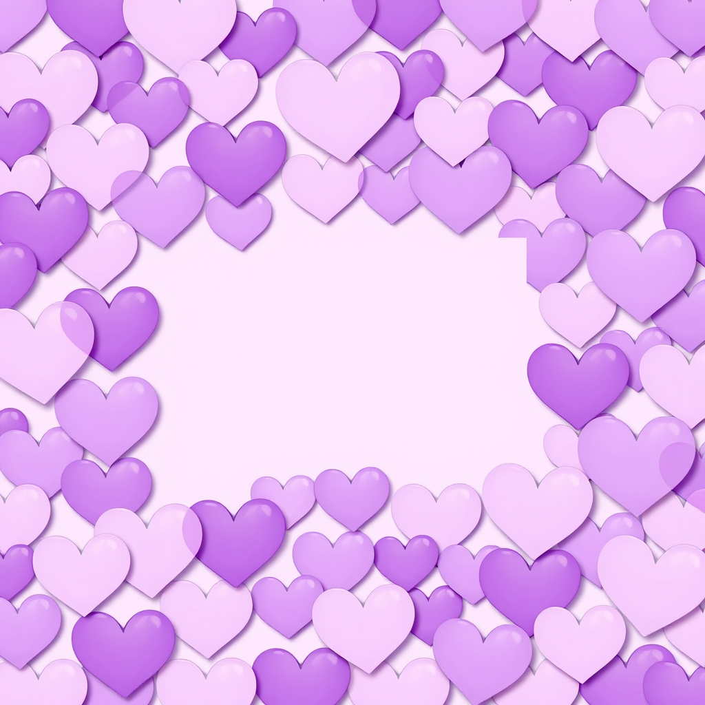 Create an image of a seamless background filled with overlapping hearts in various shades of purple, with a central empty rectangular space for text, captured with a DSLR camera at f/4 aperture, ISO 100, 50mm lens, and shot from a top-down angle to enhance depth and detail.