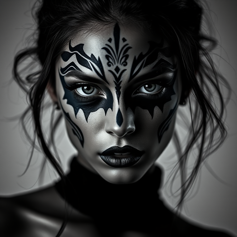 high-fashion portrait of a model with intricate face paint, dramatic lighting, shallow depth of field, 85mm lens, f/1.8, ISO 100, studio setup, softbox lighting, high contrast, monochrome background