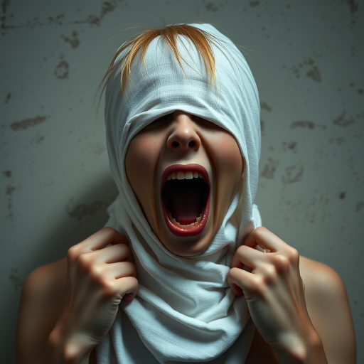 Create a close-up photographic image of the head and torso of a person with light skin tones shown against an old, worn wall. Their head is wrapped in a white cloth covering (i.e.... parts of the head except the nose and mouth, which are open as if they are screaming...), with a slight texture and visible folds in the fabric. Thin strands of blonde hair escape from the wrapping above, falling lightly at the top and sides. Their hands hold the fabric as if they are tugging nervously. The lighting is dramatic and even, casting strong shadows. The image has a minimalist and surreal style with an emphasis on simplicity with soft color tones. The composition is centered.