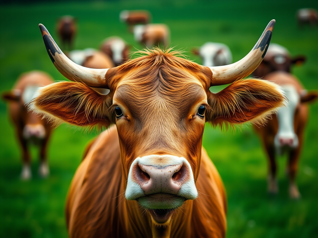 close-up of a brown cow with prominent horns in a green field with blurred cows in the background, captured with a Canon EOS 5D Mark IV, 50mm lens, f/2.8 aperture, ISO 100, natural light, shallow depth of field