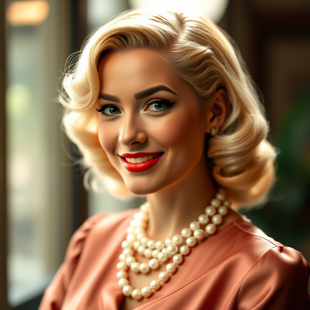 A beautiful Maori woman reminiscent of 1950s Hollywood glamour, with perfectly styled blonde hair and a seductive smile, dressed in a satin blouse and adorned with pearls, soft and warm tones, photorealistic, 8K