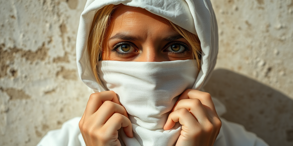 Create a close-up photographic image of a Arab woman with light skin tones shown against an old, worn wall. Their head is wrapped in a white cloth covering (i.e.... parts of the head except the nose and mouth, which are open as if they are screaming...), with a slight texture and visible folds in the fabric. Thin strands of blonde hair escape from the wrapping above, falling lightly at the top and sides. Their hands hold the fabric as if they are tugging nervously. The lighting is dramatic and even, casting strong shadows. The image has a minimalist and surreal style with an emphasis on simplicity with soft color tones. The composition is centered.