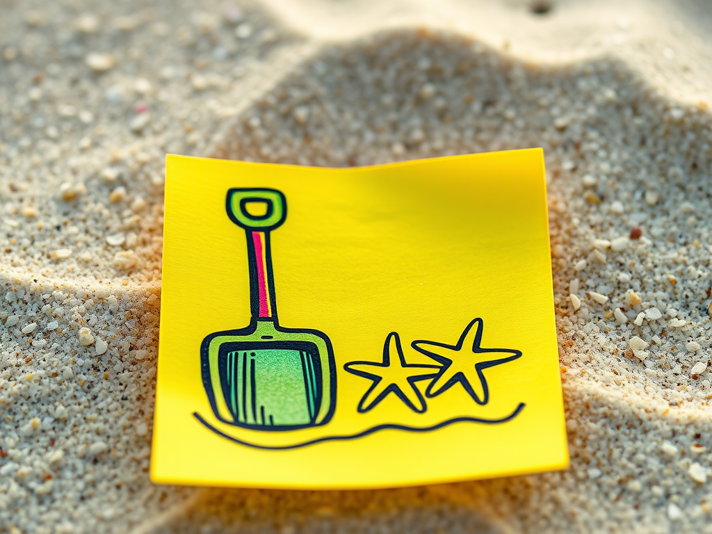 Create a vibrant illustration of a beach scene on a yellow sticky note with a simple drawing style, featuring a shovel and a starfish in the sand, using a DSLR camera with a 50mm lens, f/1.8 aperture, and a shallow depth of field to enhance the colors and focus on the details.