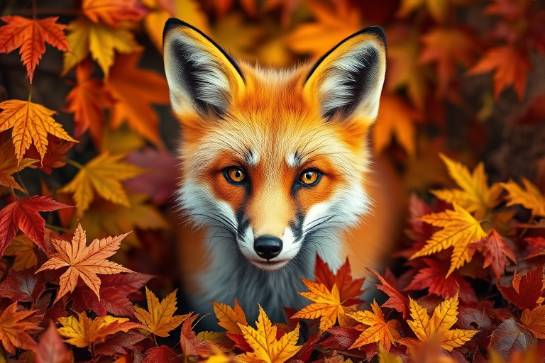 Generate a hyper-realistic portrait of a fox surrounded by vibrant autumn leaves, captured with a Canon EOS R5, 85mm lens, f/1.4 aperture, ISO 100, in soft natural lighting from a frontal view to enhance details and color vibrancy.