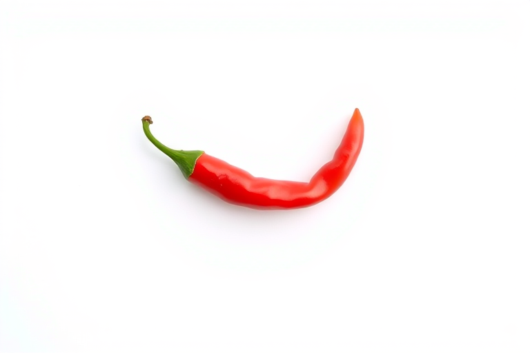 Create a minimalistic illustration of a single chili pepper on a white background, using a DSLR camera at f/2.8 aperture, 50mm lens, ISO 100, natural lighting, shot from a flat lay top-down perspective to enhance detail and clarity.