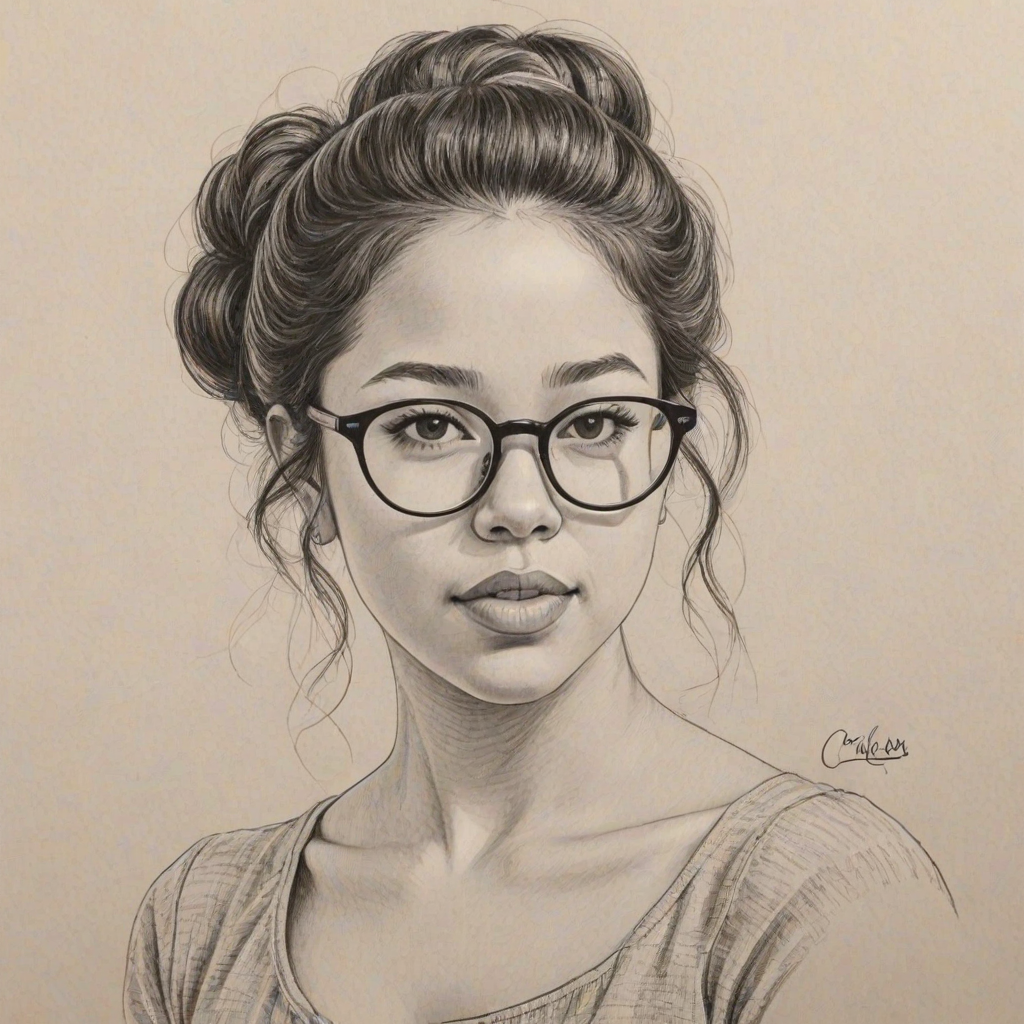 Comely Cierra Ramirez, pencil sketch, portrait of Graceful woman 1969s in glasses, hair style beatnik, outline, clear lines, fine lines, 8k