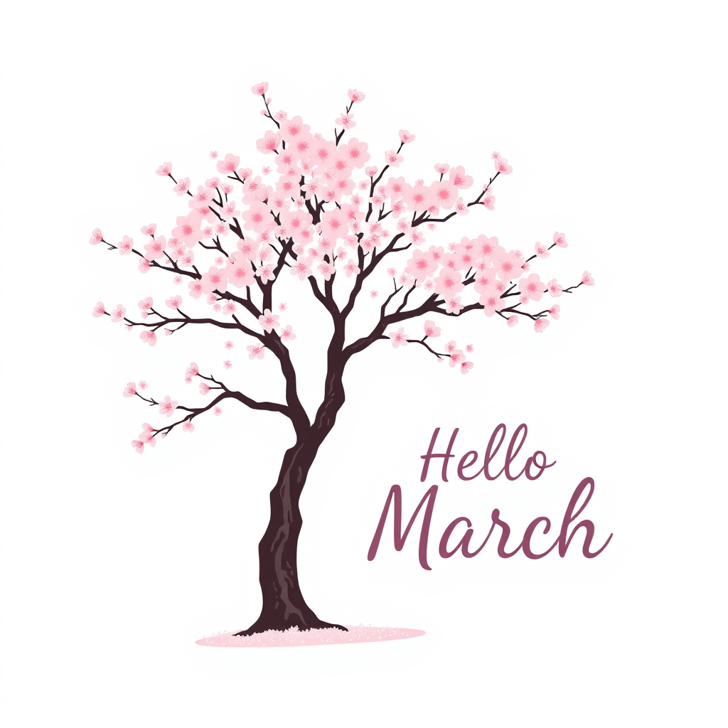 Create a minimalist illustration featuring a pink cherry blossom tree with a white background, accompanied by the text "Hello March" in a stylish font.