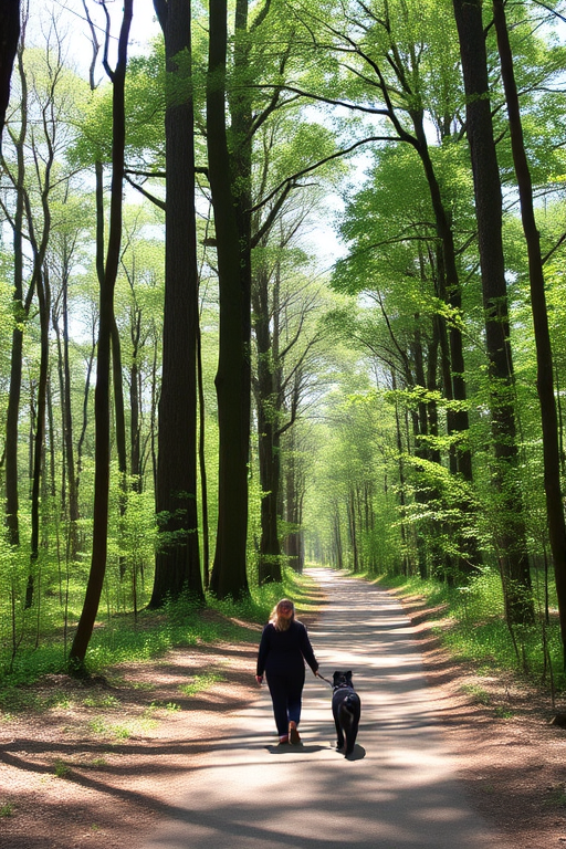 Shady forest trail, towering trees casting long shadows on the path, with a woman walking her dog, the two of them quietly enjoying nature.
