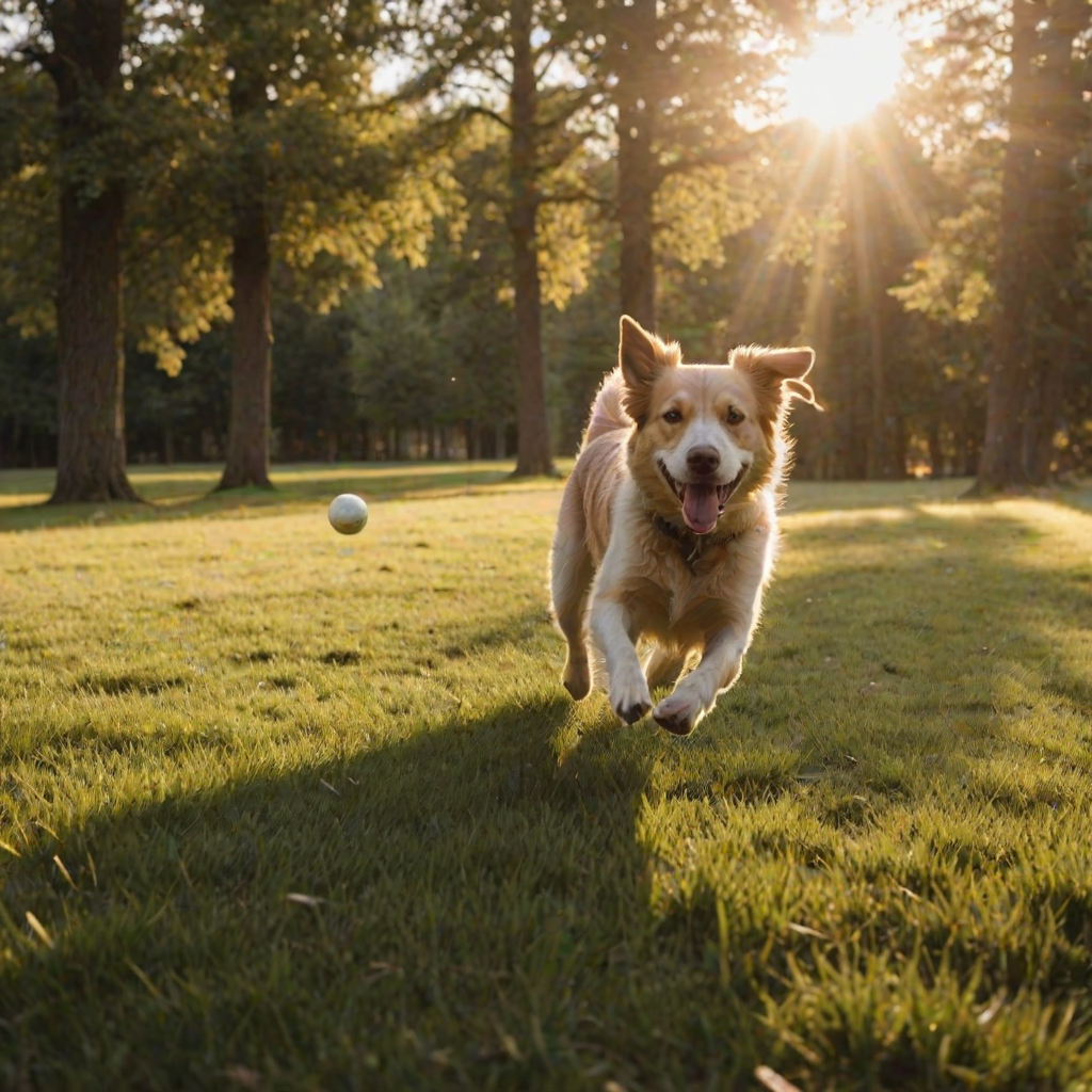 Blurry action shot of a dog chasing a ball through a sunlit field, soft golden light casting long shadows on the grass, with trees softly blurred in the distance.