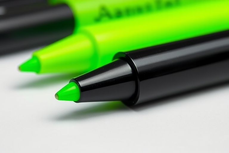 Create a high-resolution image of a black and green highlighter pen on a white background, using a DSLR camera with a 50mm lens, aperture f/2.8, ISO 100, and soft lighting to enhance details.