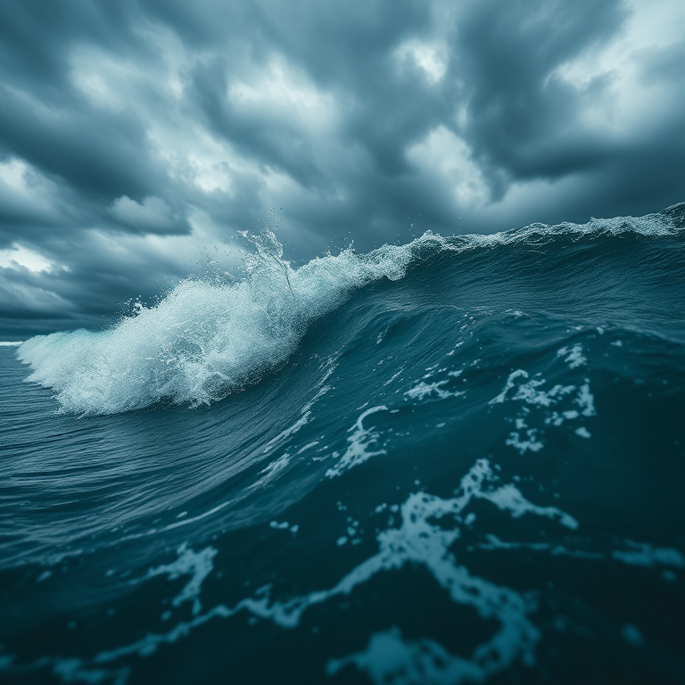 ocean waves crashing under a stormy sky, low angle view, high dynamic range, 24mm lens, f/8 aperture, ISO 200, shutter speed 1/500s, shot with a DSLR camera, capture realistic textures and movement