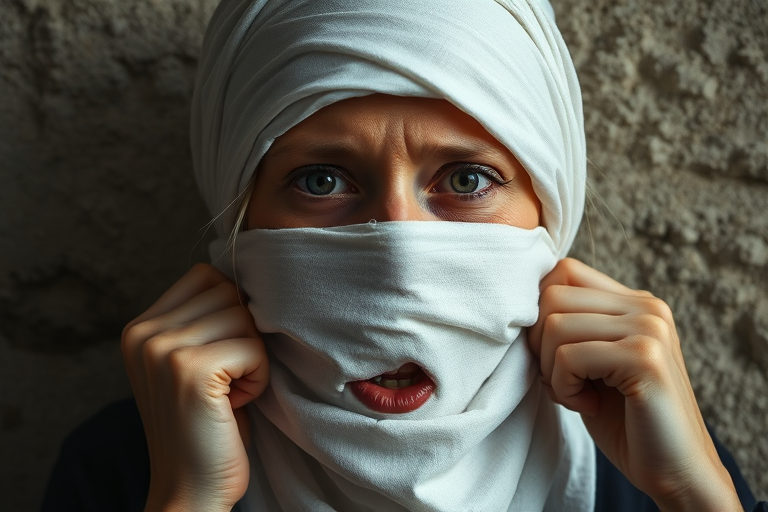 Create a close-up photographic image of a Turkmen woman with light skin tones shown against an old, worn wall. Their head is wrapped in a white cloth covering (i.e.... parts of the head except the nose and mouth, which are open as if they are screaming...), with a slight texture and visible folds in the fabric. Thin strands of blonde hair escape from the wrapping above, falling lightly at the top and sides. Their hands hold the fabric as if they are tugging nervously. The lighting is dramatic and even, casting strong shadows. The image has a minimalist and surreal style with an emphasis on simplicity with soft color tones. The composition is centered.