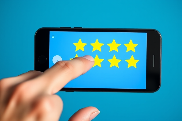 Create an image of a hand pointing at five yellow stars on a smartphone screen against a solid blue background, using a DSLR camera with a 50mm lens, aperture set to f/2.8, ISO 100, and a shallow depth of field for a blurred background effect.