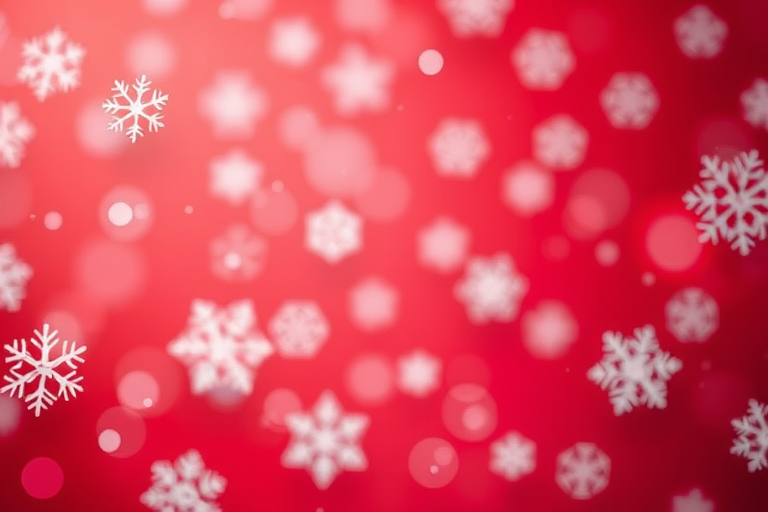 Create a festive background featuring a red color palette with varying sizes of snowflakes scattered throughout. Include soft bokeh effects to enhance the winter atmosphere.