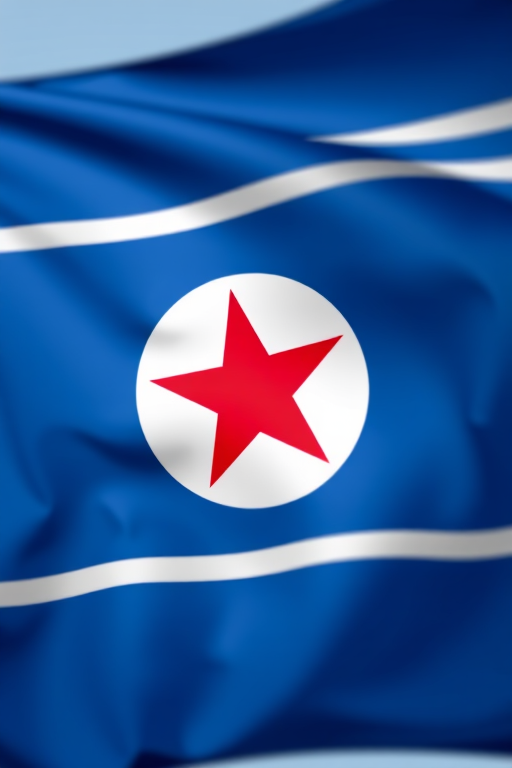 Create an image of the North Korean flag with high resolution settings, using a DSLR camera, aperture set to f/8 for depth of field, 50mm lens, natural lighting, and a focal length of 50mm.