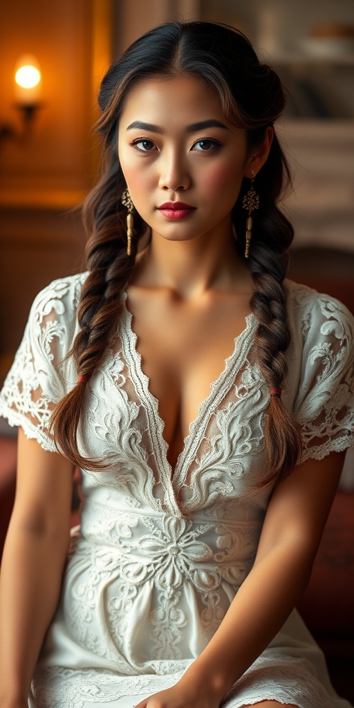 Create a portrait of a refined and elegant Mongolian woman seated in a sophisticated setting. She has long, wavy hair styled in two thick braids that are pulled over her shoulders. She wears a white, lace gown with intricate patterns, featuring a deep V-neckline and short sleeves. The dress exudes a vintage charm with its delicate lacework. She is adorned with ornate, dangling earrings that add a touch of glamour to her appearance. The background is softly lit, with warm, ambient lighting that creates a cozy and inviting atmosphere. Her expression is poised and serene, capturing a sense of grace and elegance.