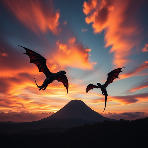 Create a high-resolution image of three dragons flying in a dramatic sunset sky with a volcano in the background, using a DSLR camera with a 24mm lens, aperture set to f/11, ISO 100, and a low-angle shot to capture depth and detail.