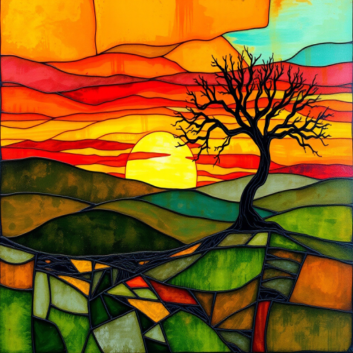 A vibrant abstract painting on Tiffany Glass, blending acrylic and alcohol ink techniques, captures a dramatic sunset over rolling hills. The artwork features a textured, rocky foreground in green and brown, layered abstract hills, and a striking sunset in rich oranges, yellows, and reds. A solitary black tree with intricate branches contrasts against the fiery sky, creating a dynamic and expressive portrayal of a breathtaking natural scene.