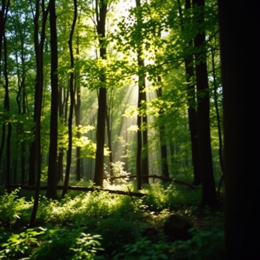 Generate a high-quality image of a peaceful forest scene with sunlight filtering through the trees, taken with a DSLR camera at f/2.8, ISO 100, shutter speed 1/125s, using a wide-angle lens, in natural lighting, with a focus on vibrant greens and soft bokeh.