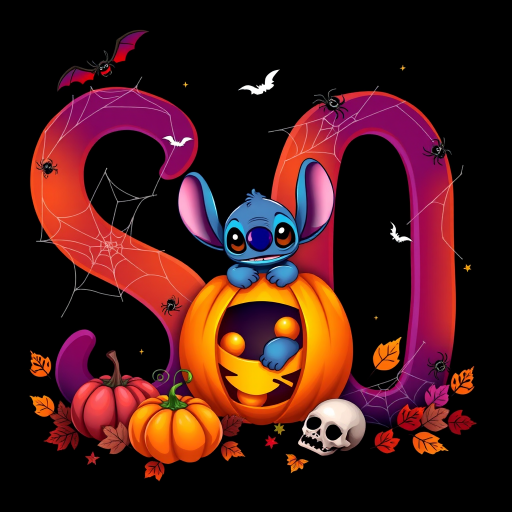 A whimsical and vibrant Halloween-themed digital illustration featuring the letter "S" adorned with spider webs, small bats, and cute spiders. At the base of the letter, a playful alien character similar to Stitch is peeking out from inside a carved pumpkin with glowing eyes, surrounded by additional pumpkins, a small skull, and autumn leaves. The letter is gradient-colored from orange to purple, adding a magical atmosphere to the scene, black background