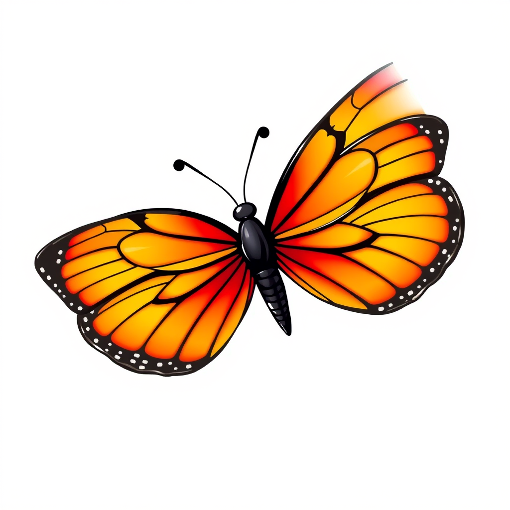 Create a vibrant illustration of a butterfly with orange and red gradient wings, featuring black outlines and intricate details. The butterfly should have prominent spots and an elegant pose, set against a light background for contrast.