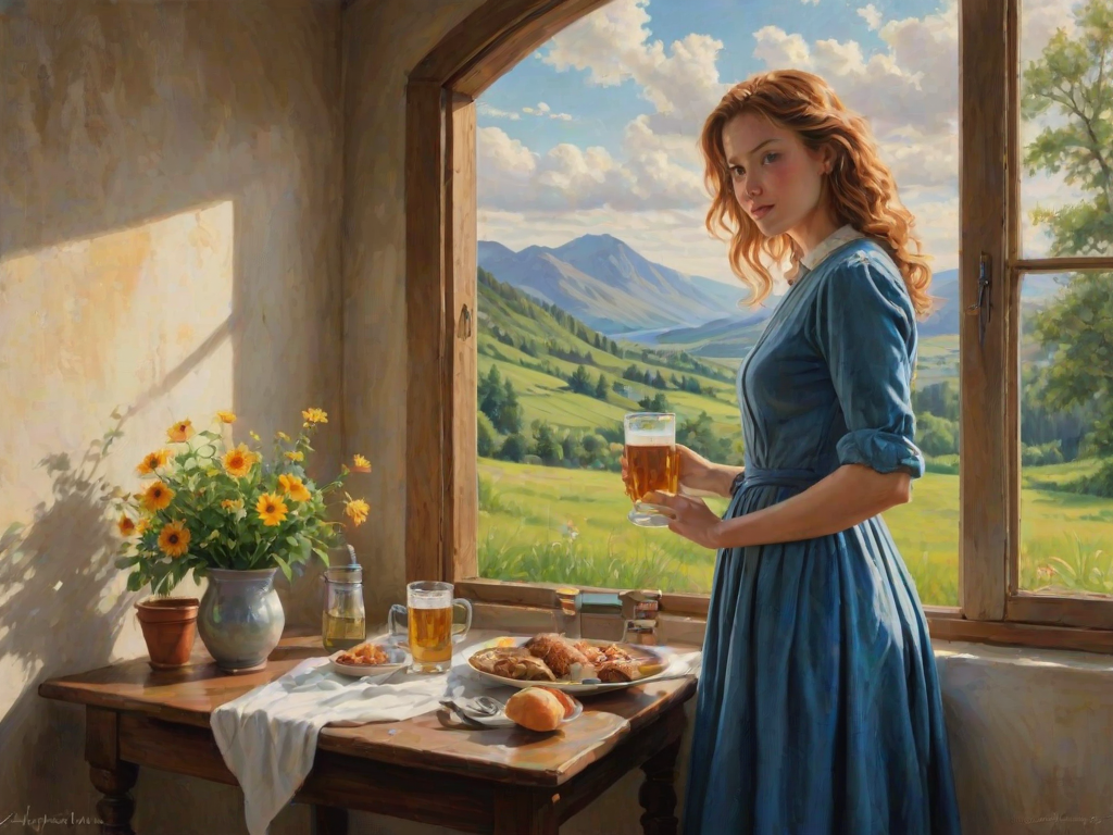 In "A Glass of Beer on the Highland," a serene scene is depicted in a sunlit room where a woman in a vibrant blue dress stands by a large window. She holds a tray with a hearty meal and a frothy glass of beer, embodying a moment of relaxation. Outside, the breathtaking highland landscape features rolling green hills and a charming traditional house, all bathed in warm afternoon light. The interior is adorned with potted plants, creating a harmonious blend of comfort and nature. The painting beautifully captures the tranquility and joy found in simple pleasures amidst stunning scenery