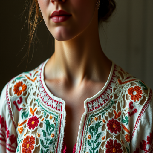 Face, shoulders, chest covered in openwork Ukrainian embroidery. Raw, unedited image.