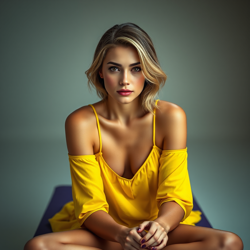 Resplendent photo of woman:caucasian:0.4, highlight hair, wearing Banana dress, sitting on Yoga mat, rim lighting, studio lighting, looking at the camera, dslr, ultra quality, sharp focus, tack sharp, dof, film grain, Fujifilm XT3, crystal clear, 8K UHD, highly detailed glossy eyes, high detailed skin, skin pores
