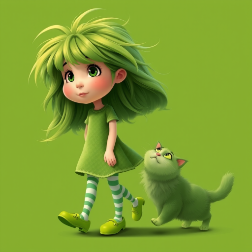 Pixar style of a young girl with exaggerated fluffy long shaggy flowing green hair. She is wearing a green dress and striped green tights, and green clogs. background is green with a cat walking next to her. The cat is fat, green with fluffy hair and looking up at the girl with a curious expression. Green color palette.