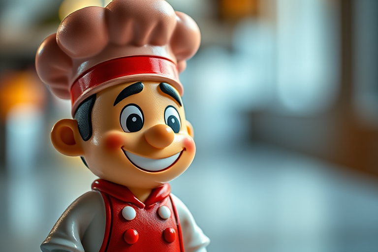 Capture a high-resolution image of a cartoon chef figurine with a cheerful expression, using a Canon EOS 5D Mark IV, 85mm f/1.8 lens, aperture set to f/2.8, ISO 100, in a well-lit studio setting with a softbox for even lighting, focus on the details of the figurine for enhanced texture and depth.