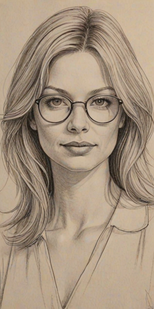 Wonderful Amanda Detmer, pencil sketch, portrait of Superb woman 1973s in glasses, hair style beatnik, outline, clear lines, fine lines, 8k