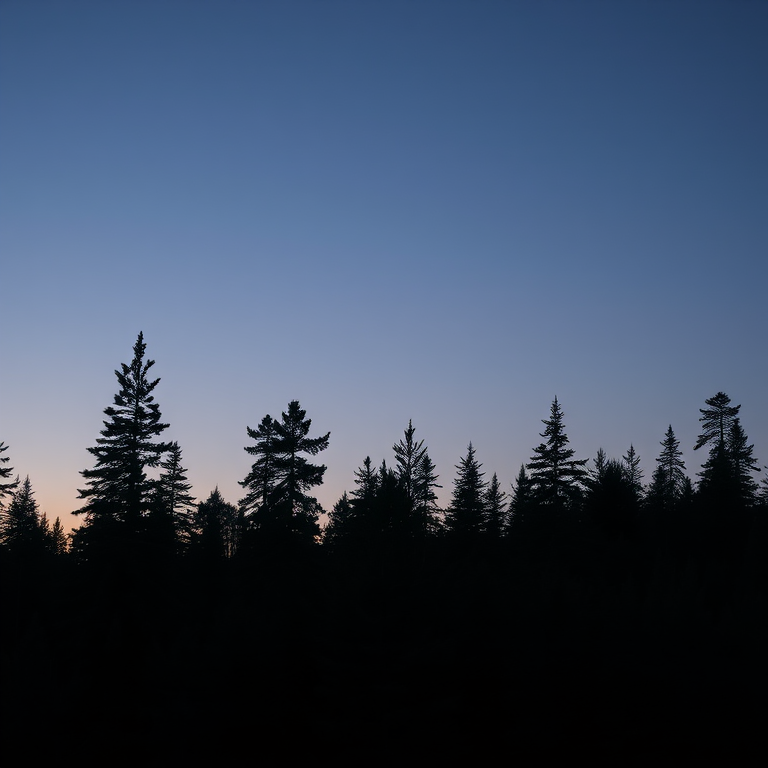 Regenerate a dense forest landscape silhouette at dusk, with rich green pine trees against a gradient sky, taken with a DSLR camera at f/4.0 aperture, ISO 100, and a 50mm lens, using a wide-angle view to capture depth and dimension.