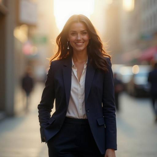 A 30-year-old woman stands confidently on a bustling city street, smiling warmly. She wears a tailored navy blazer, crisp white blouse, and fitted black trousers, her glossy chestnut hair cascading in loose waves. Golden-hour sunlight bathes the scene, highlighting her radiant skin and subtle makeup. Full-body view, 8k resolution, ultra-realistic textures, shallow depth of field with blurred traffic and skyscrapers behind her.