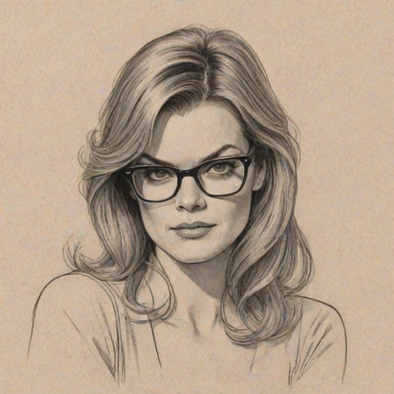 Charming Missi Pyle, pencil sketch, portrait of Resplendent woman 1974s in glasses, hair style beatnik, outline, clear lines, fine lines, 8k