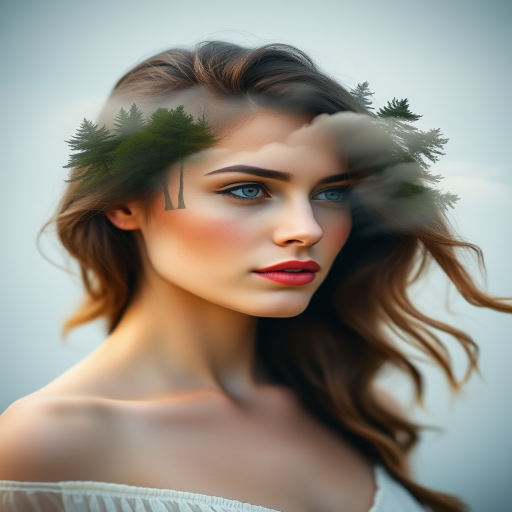 Create an ethereal portrait of a woman with a serene expression, featuring a surreal landscape of trees and clouds merging into her hair, captured in soft focus with a 50mm lens, f/1.8 aperture, ISO 100, shot from a slight left profile angle in natural light to enhance colors and depth.